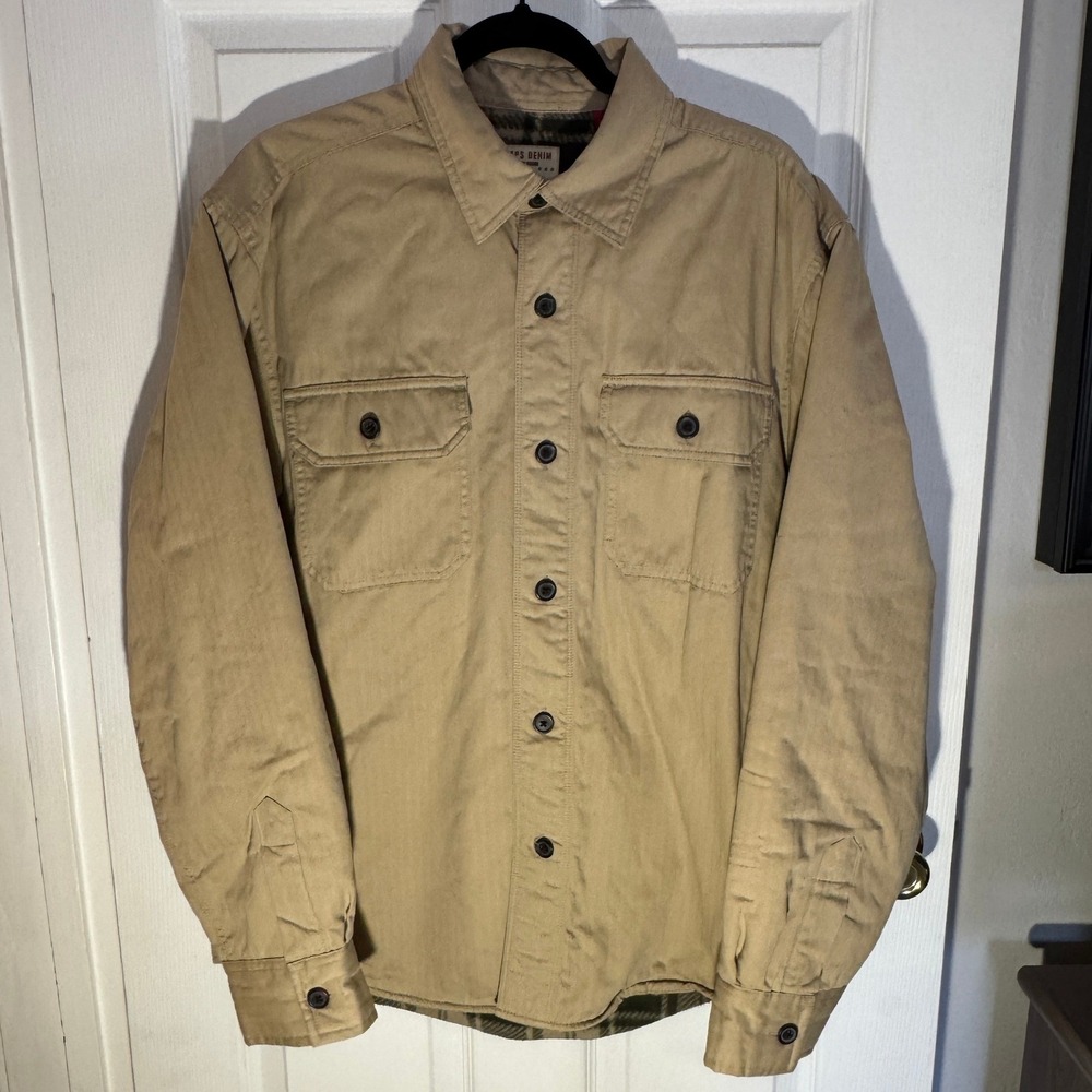 Chaps Denim Shirt Jacket Mens Medium Tan Plaid Fleece Lined Cotton Rugged